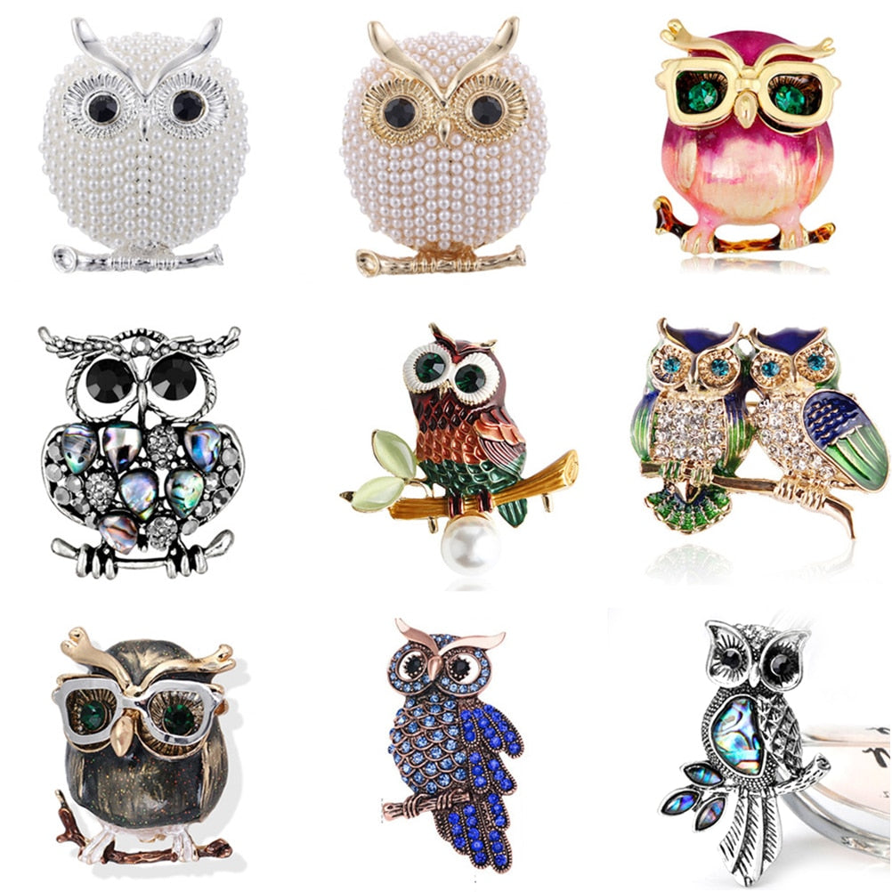 Enamel Rhinestone Owl Brooch