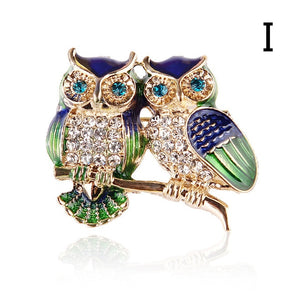 Enamel Rhinestone Owl Brooch
