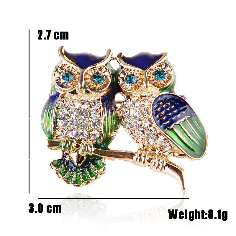 Rhinestone Blue Eyes Enamel Owl Brooch