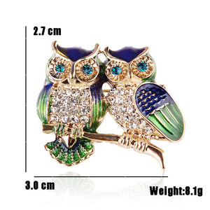 Rhinestone Blue Eyes Enamel Owl Brooch