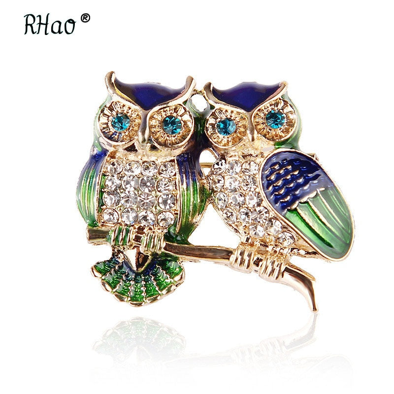 Rhinestone Blue Eyes Enamel Owl Brooch