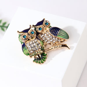 Rhinestone Blue Eyes Enamel Owl Brooch